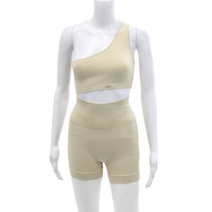 Set Womens Ribbed Pull On Bikers Shoes One Shoulder Sports Bra Beige Size XS